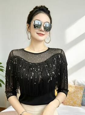 法式复古蕾丝拼接流苏中袖女