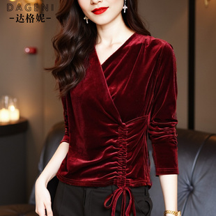 设计感抽绳收腰丝绒上衣女秋冬新款高贵洋气妈妈小衫修身显瘦内搭