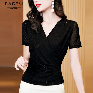 收腰打底衫 V领交叉网纱T恤女士短袖 时尚 新款 妈妈洋气蕾丝上衣 夏季