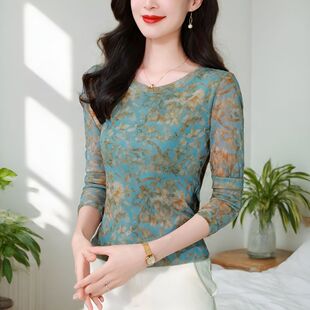 简约圆领网纱印花长袖t恤女秋装2026新款妈妈气质上衣洋气打底衫