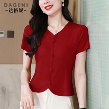安可拉红棉短袖T恤女2025夏季新款V领收腰显瘦小衫小个子短款上衣