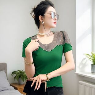 不规则烫钻短袖T恤洋气小衫女款2026夏季新款独特别致上衣打底衫