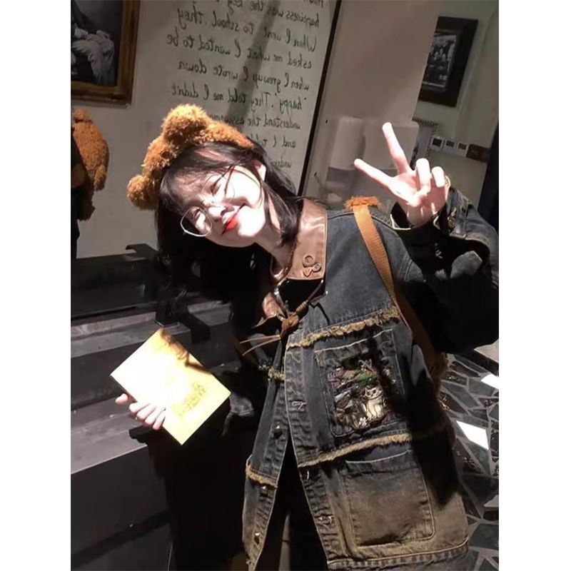 美式复古牛油果绿拼接牛仔外套女设计感高级感显瘦做旧Vibe风夹克
