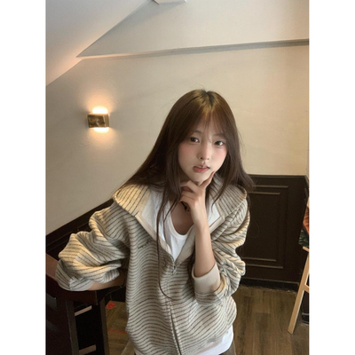 美式复古条纹开衫连帽卫衣女外套