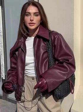 PU leather jacket 欧美秋冬新款翻领机车风PU皮革夹克宽松外套女
