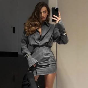 shirt 女Striped and short set 欧美气质条纹衬衫 skirt 短裙套装