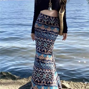 半身裙印花高腰鱼尾裙 纳波西米亚海边度假长裙修身 泰式 云南西双版