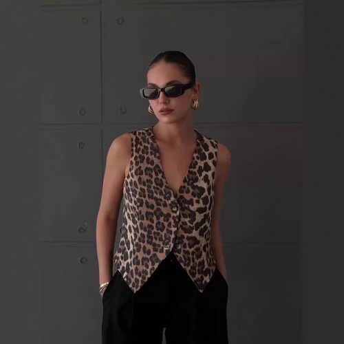 春夏新款欧美外贸时尚百搭V领豹纹印花显瘦背心马甲2025