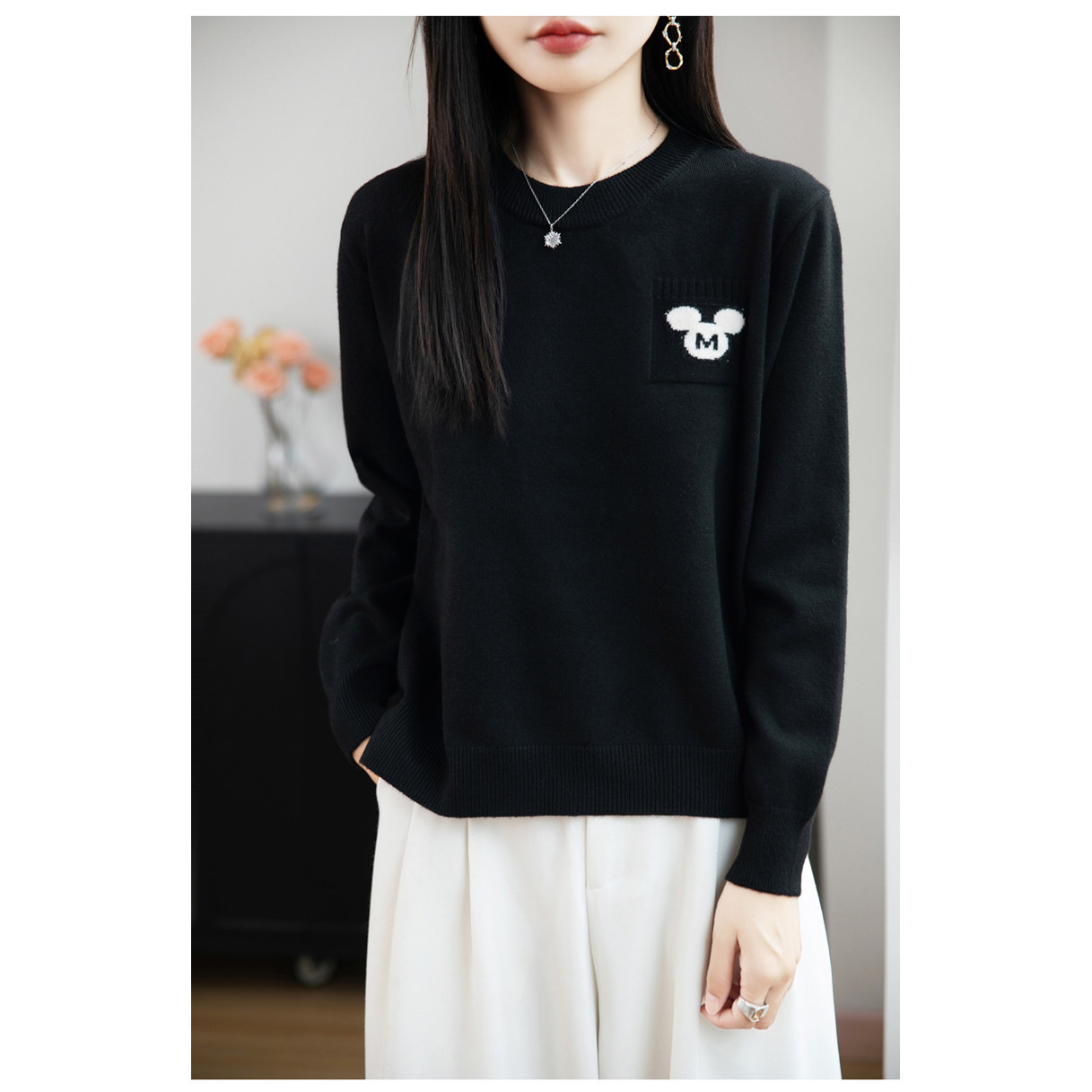 卡通米奇圆领针织衫女长袖宽松显瘦套头打底衫黑色558,女装/女士精品,毛针织衫,淘宝优惠券,粉丝福利购,淘宝优惠卷