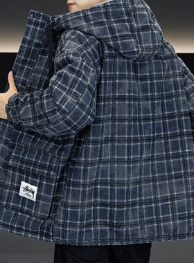 格子连帽加绒加厚外套男装冬季2026新款牛仔棉衣中长款派克服冬天