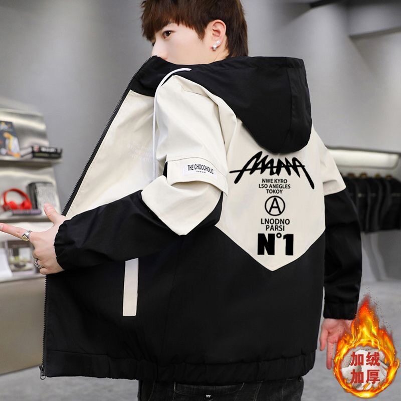 青少年冲锋衣外套男连帽春秋季潮牌初中学生加绒加厚冬装工装夹克