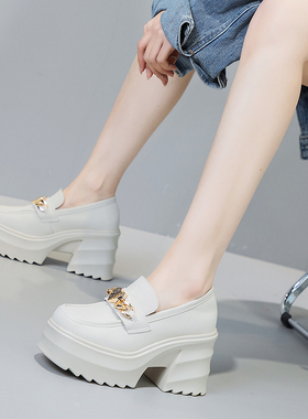 震地王小皮鞋女小众设计2023春英伦 9cm真皮厚底小个松糕粗跟单鞋