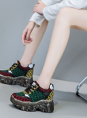 震地王2023春秋厚底运动单鞋老爹鞋女设计感小众ins真皮9cm内增高