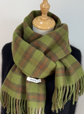 独具匠心～外贸日单显白绿色格子围巾女冬季保暖含羊毛披肩围脖男