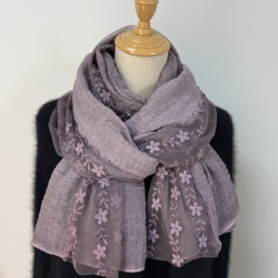 仙气飘飘~蕾丝拼接褶皱纯色棉麻围巾女冬季百搭披肩春秋薄款丝巾