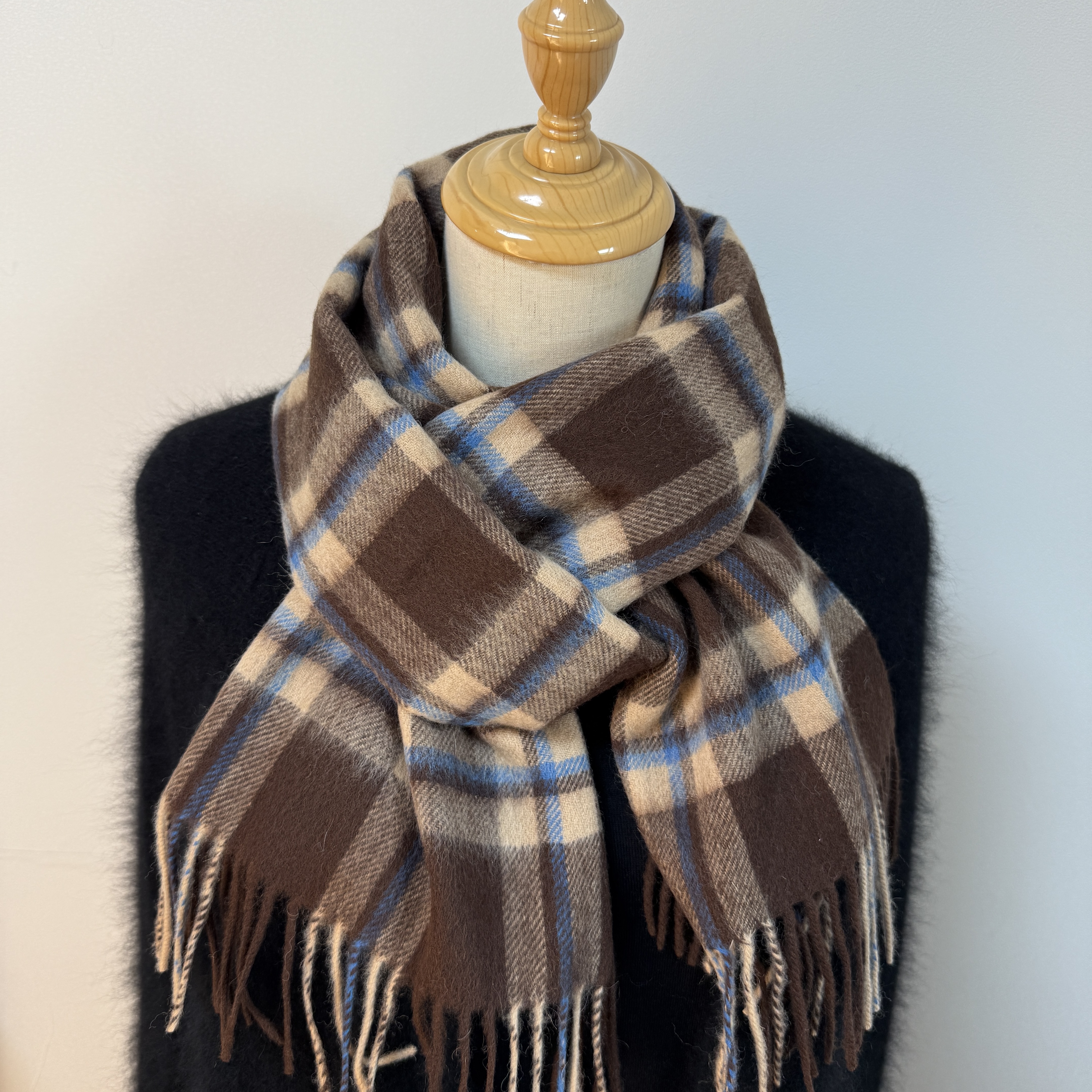 英国格纹100%羊毛咖蓝条格子围巾女冬季保暖时髦情侣款围脖男士