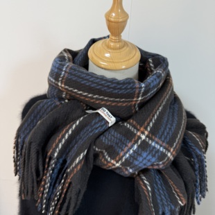 显白绿日系复古藏青格子围巾女冬季 加厚保暖学生情侣围脖百搭披肩