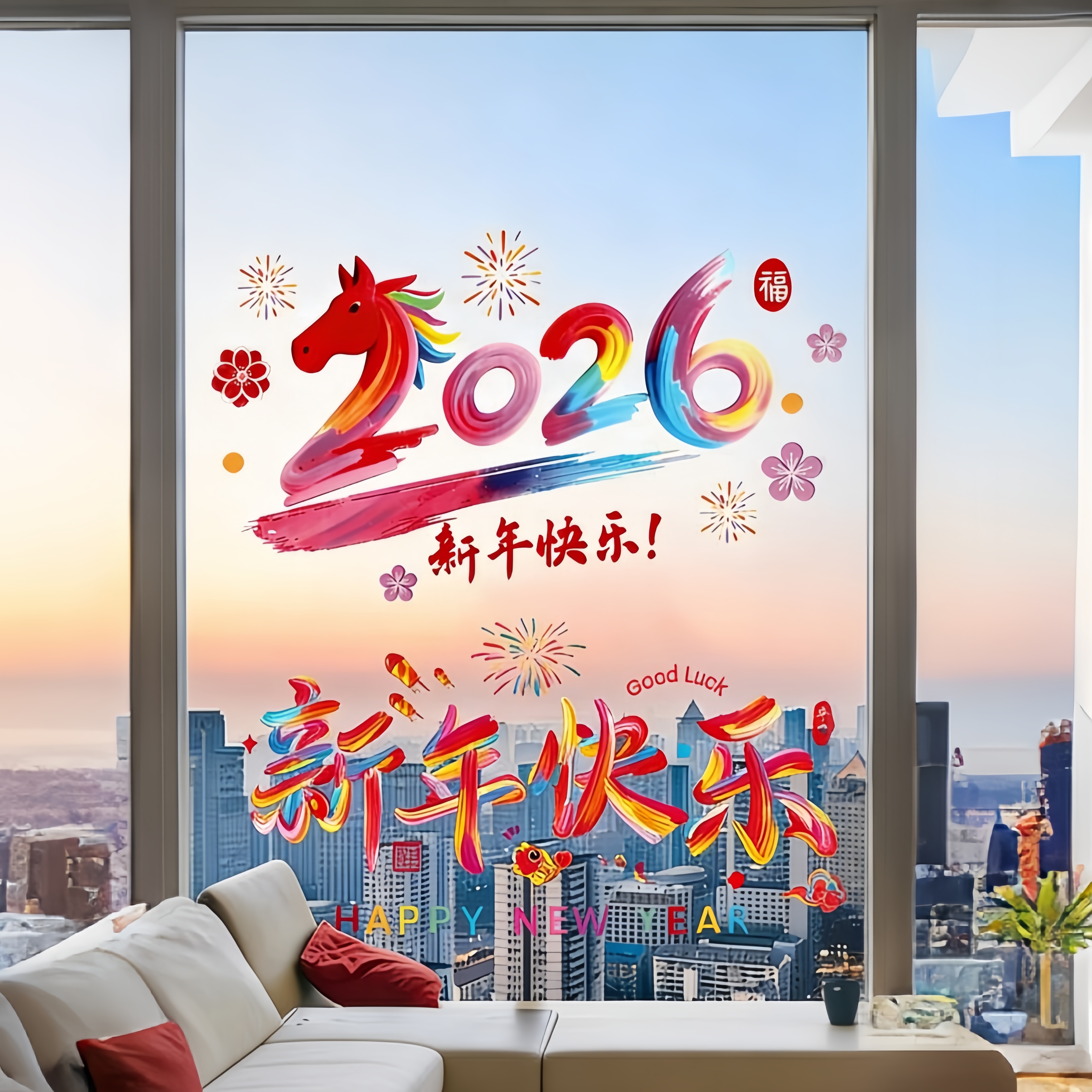 2026马年玻璃静电贴教室商场布置窗户门贴车贴元旦装饰贴画