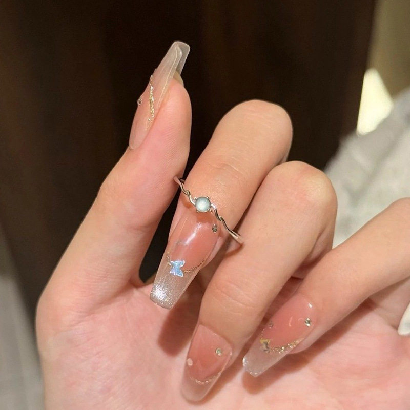 铁合金戒指 百搭清冷感蓝色蛋面戒指女小众气质极细开口戒高级感图片