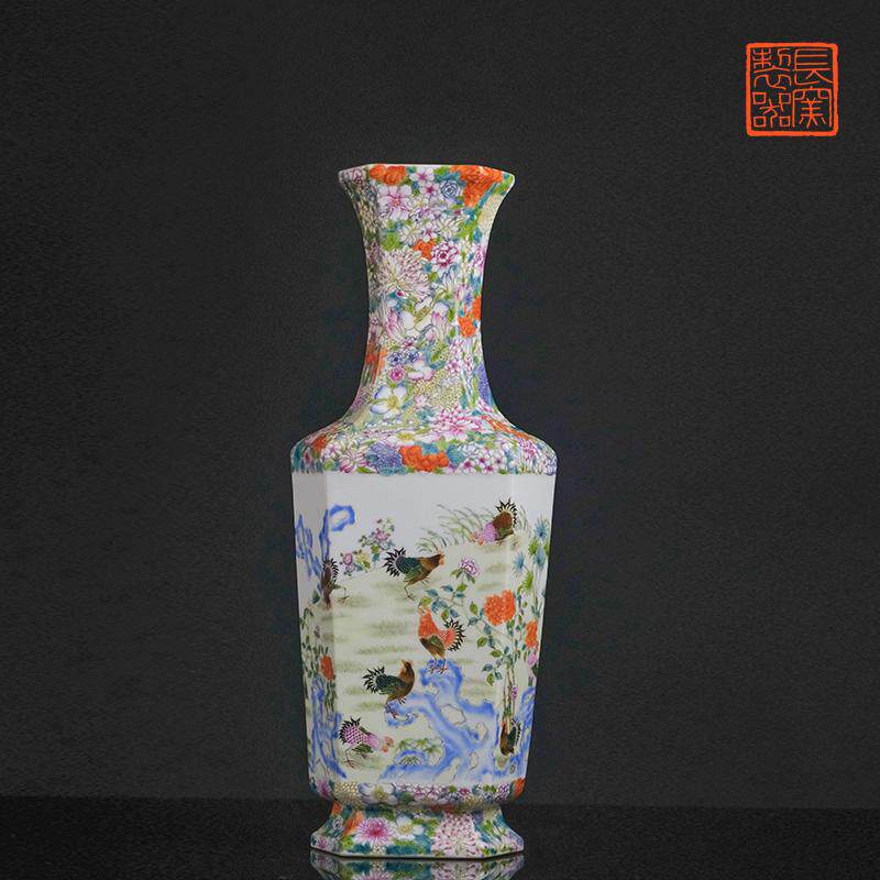 长窑重器 仿乾隆万花粉彩鸡乐图方瓶 景德镇中式家用花瓶陶瓷摆件