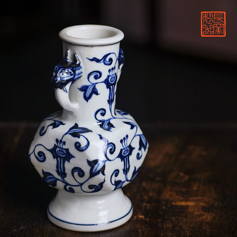 长窑制器 仿宣德青花牵牛花纹倭口兽耳方瓶 景德镇手工中式花瓶