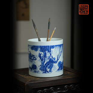 长窑重器 长物居 景德镇柴窑仿康熙手绘青花人物故事大笔筒文房
