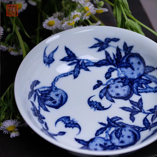 长物居长窑制器 景德镇柴窑手绘青花九桃五蝠纹壶承中式陶瓷果盘