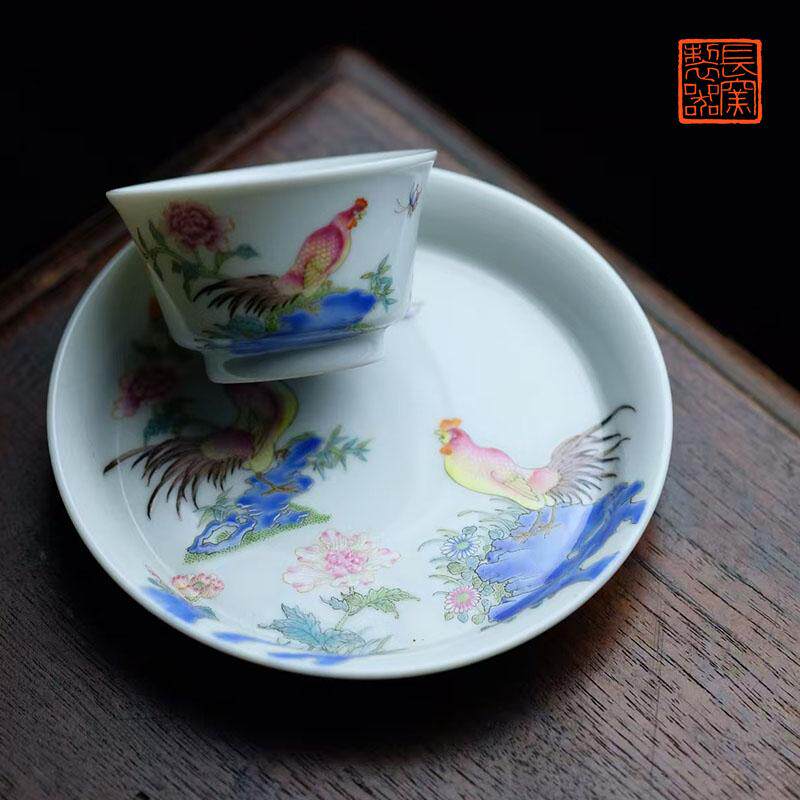 长窑重器 仿乾隆粉彩鸡纹马蹄杯碟套组 景德镇手工手绘家用瓷茶具