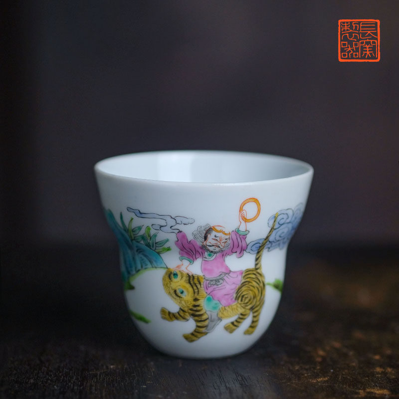 长窑制器 仿乾隆粉彩伏虎罗汉葫芦杯 景德镇手绘陶瓷茶杯品茗杯