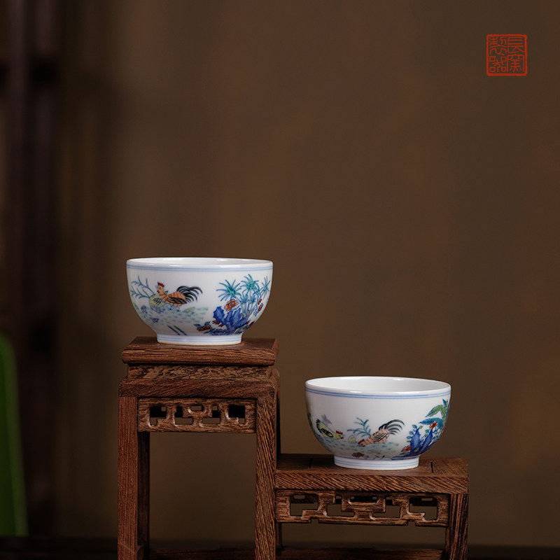 景德镇长窑制器 长物居仿清雍正手绘斗彩鸡缸杯主人杯单杯茶具
