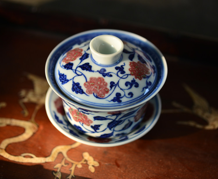 长物居 青花釉里红缠枝莲盖碗 景德镇手绘仿古陶瓷茶具三才盖碗|ruв категории посуда, чайный сервиз, супник - от Buy2taobao.com для оказания профессиональной услуги покупки агента Taobao