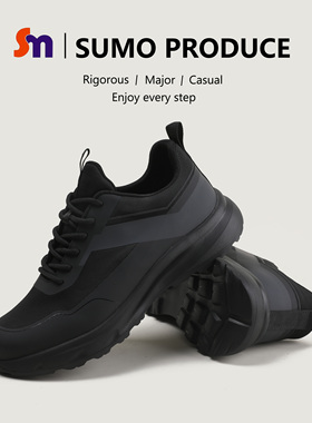 素陌新款男士运动休闲鞋透气健步鞋男款百搭黑色跑步鞋系带10016