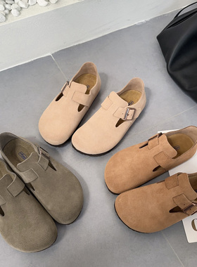 素陌真皮勃肯鞋女款全包可踩跟扣带懒人一脚蹬单鞋厚底外20161