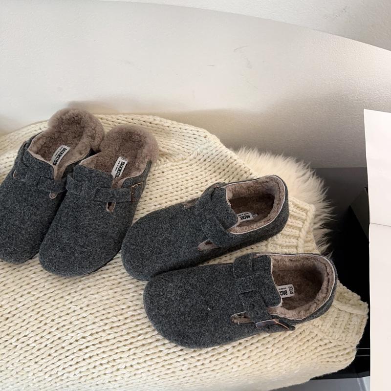 素陌毛毡勃肯鞋女毛呢包头拖鞋皮毛一体保暖棉鞋加绒毛毛鞋20161