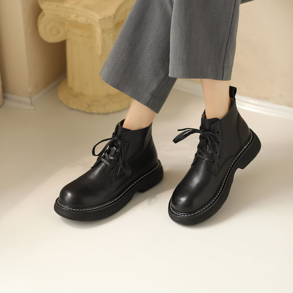 西村名物复古真皮短靴子马丁靴