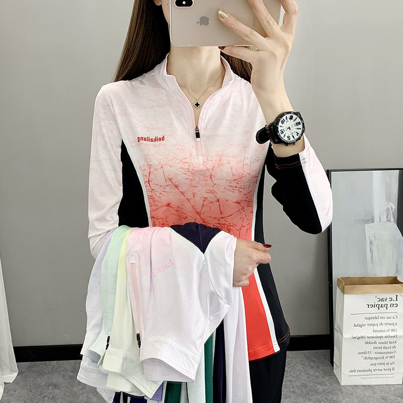 户外运动立领速干衣长袖女式防晒透气休闲弹力渐变色吸汗快干T恤