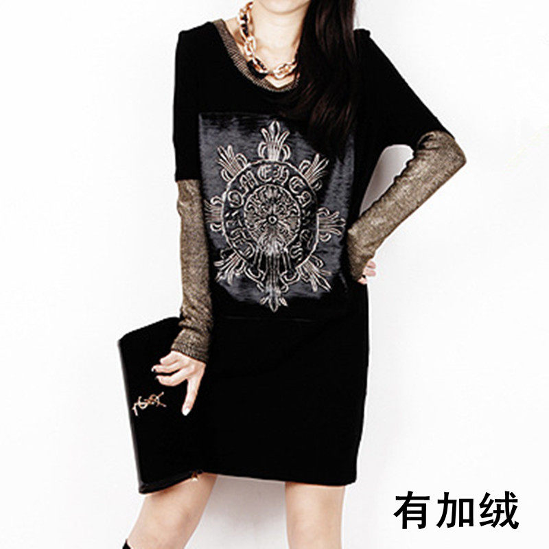 秋冬新款女打底衫大码中长款显瘦t恤衫大款长上衣加绒加厚