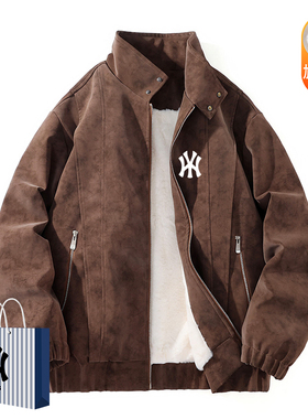 奥莱联名美式复古纯色时尚夹克男士秋冬新款立领PU皮加绒夹克外套