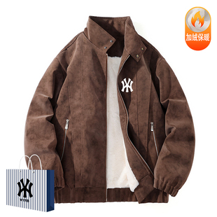 奥莱联名美式复古纯色时尚夹克男士秋冬新款立领PU皮加绒夹克外套