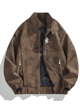 奥莱联名美式复古纯色时尚夹克男士春秋新款立领PU休闲皮衣外套潮