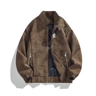 奥莱联名美式复古纯色时尚夹克男士春秋新款立领PU休闲皮衣外套潮