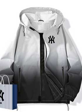 奥莱联名渐变色连帽夹克男士春秋季大码宽松休闲百搭棒球服外套潮