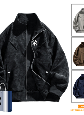 奥莱联名立领夹克外套男士春秋季PU皮衣大码夹克宽松棒球服加绒