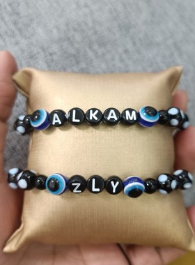 情侣字母手链男女刻字定制黑绳珠子钛钢吸引爱心闺蜜宝宝亲子手镯