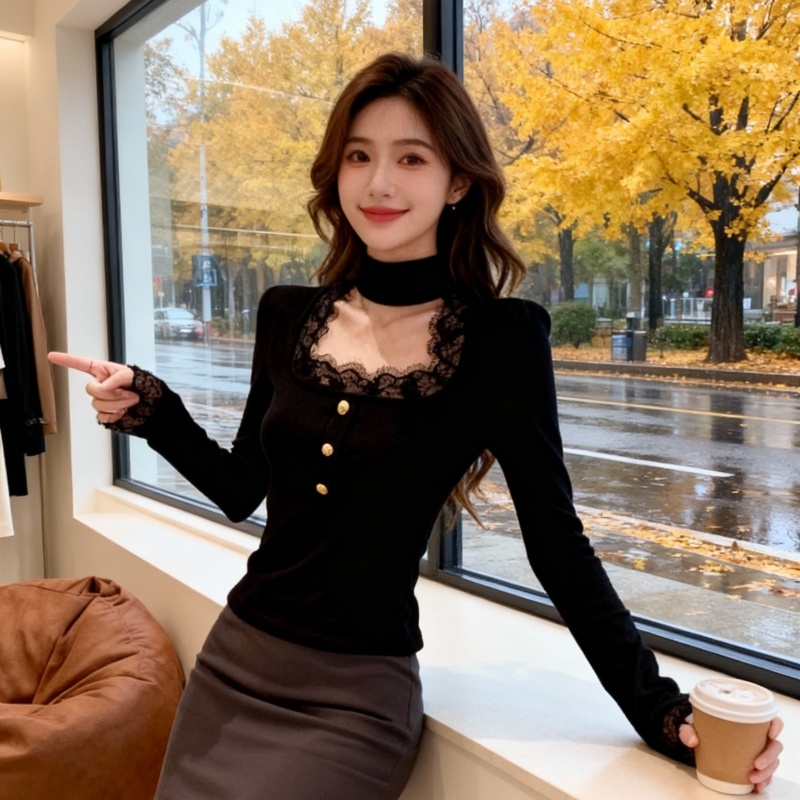 纯欲黑色蕾丝挂脖修身长袖T恤