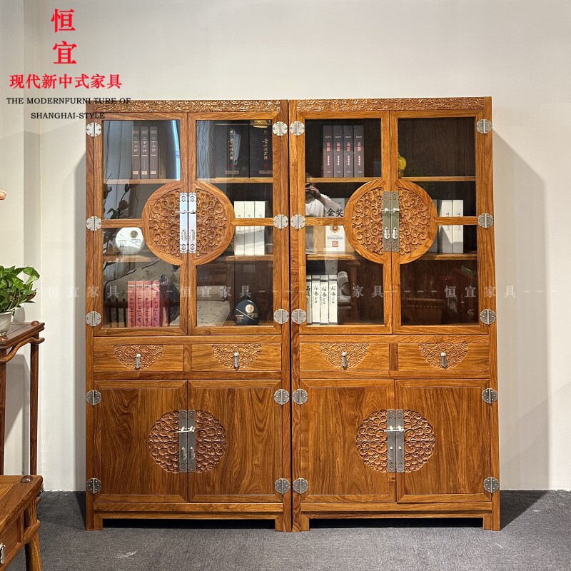 新中式祥云苏梨刺猬紫檀玻璃书柜实木家具红木书橱云纹书柜展示柜