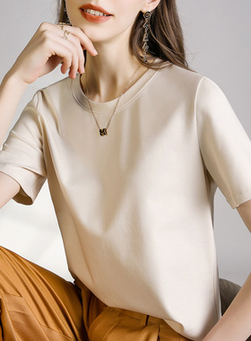 口碑B入80s液氨白色短袖正肩T恤女 24春夏丝光棉V圆领打底衫体恤