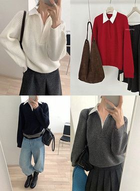 TG 知识分子全羊毛百搭假两件衬衫领拼接套头毛衣女2025冬款26061