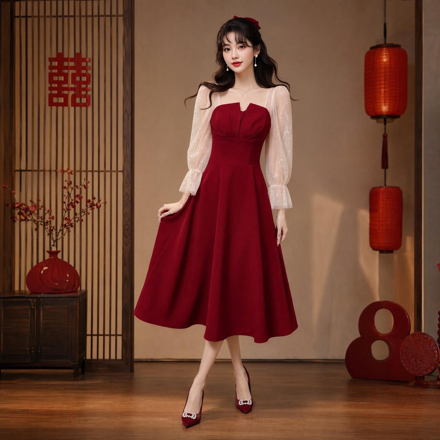 红色小方领订婚晚礼服网纱长袖收腰A字中长裙新娘敬酒回门连衣裙