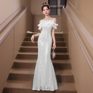 轻奢一字肩晚礼服女2025新款高级感宴会气质毕业成人礼鱼尾订婚裙